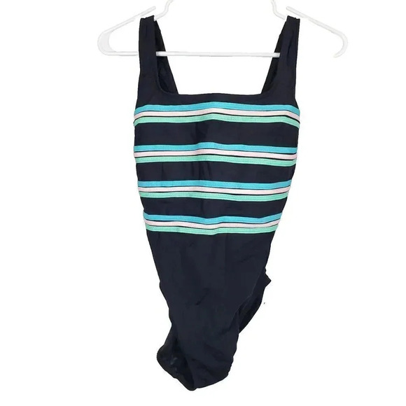 Women's INCHES AWAY One Piece Swimsuit SZ 10 Black Slimming Tummy Flatter Square - Picture 1 of 14